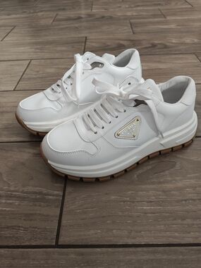 Prada White Leather Platform Lace-Up Sneakers with Gum Sole